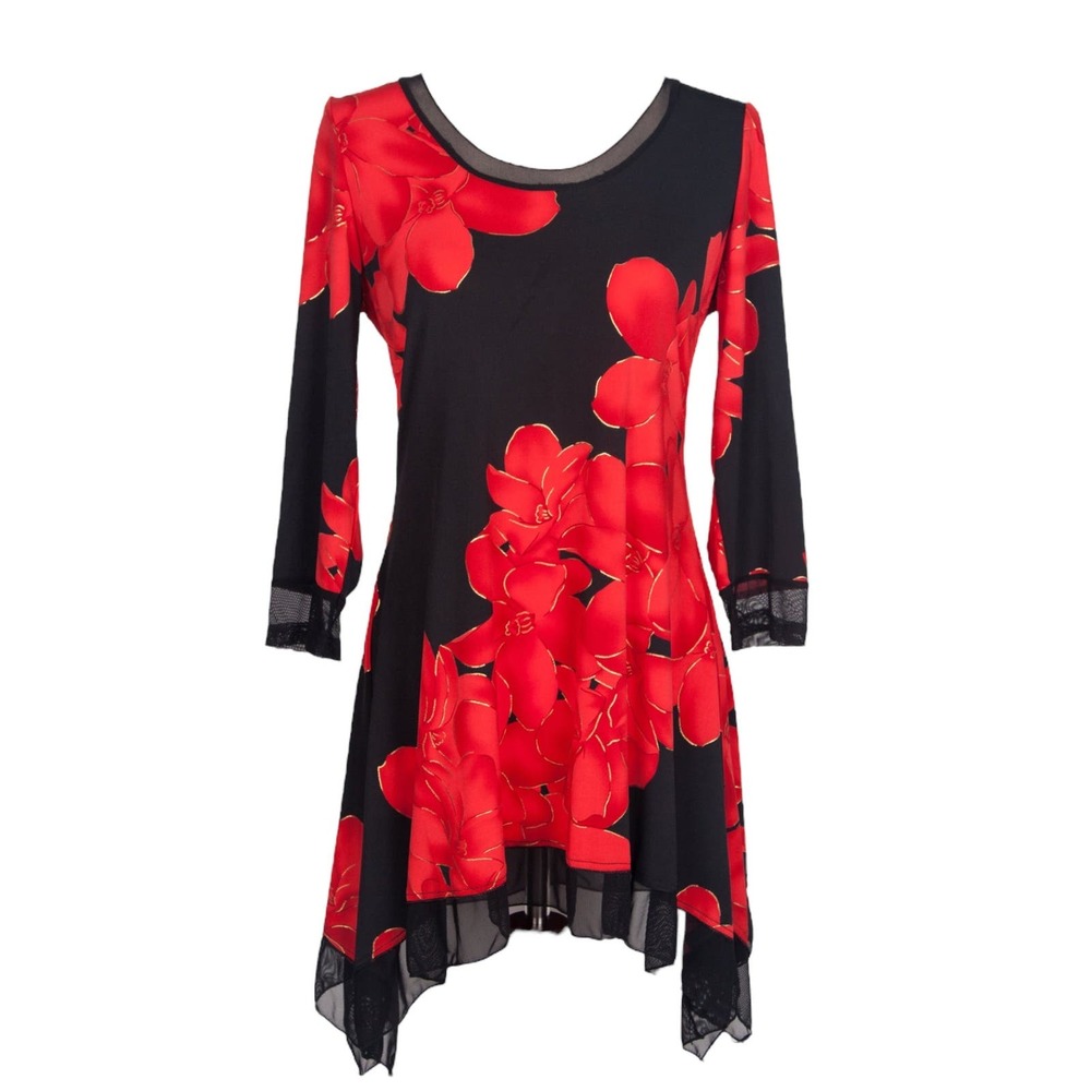Women's Dressy Long Floral Tunic Size XXL Red Flowers Long Sleeve Scoop Neck NWT